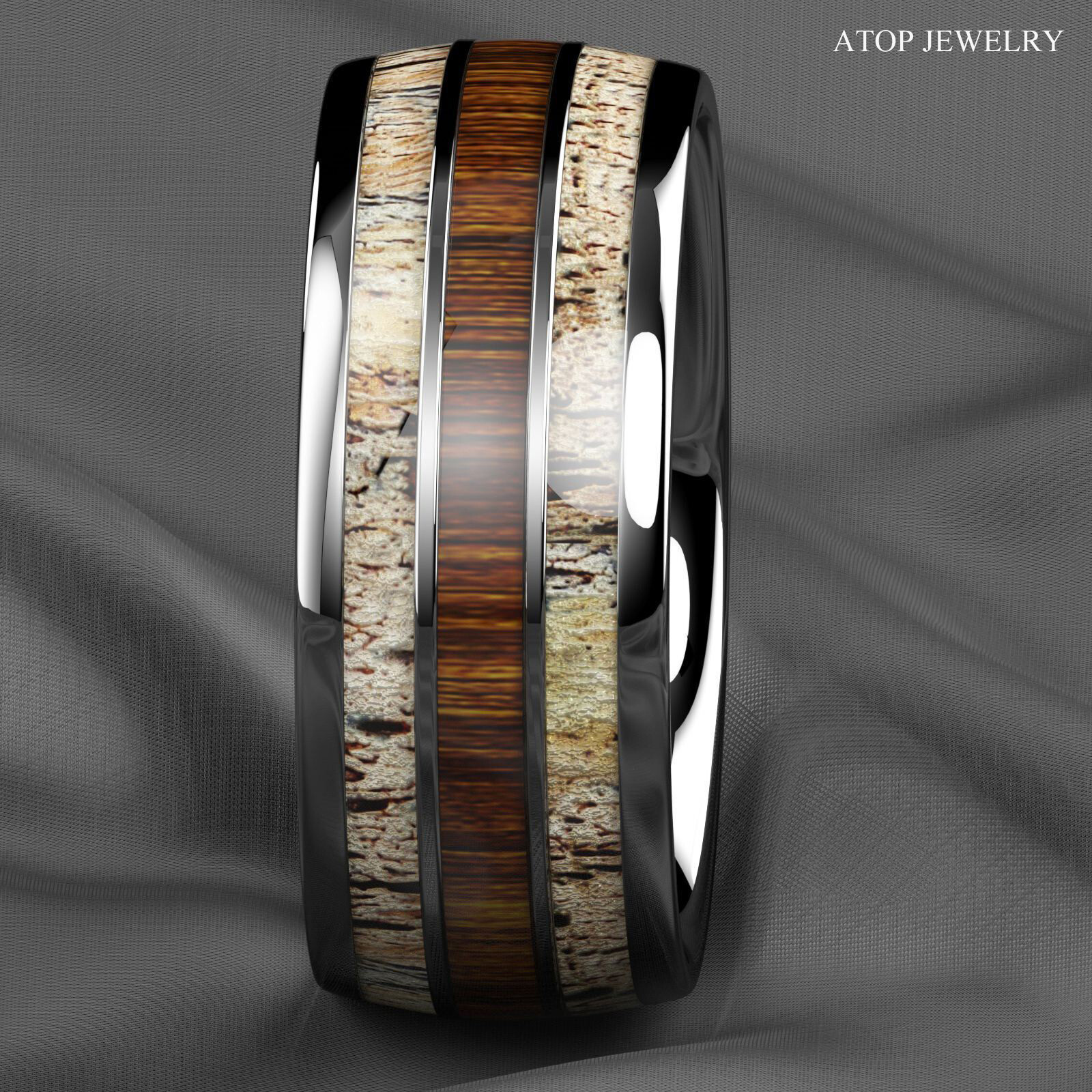 8mm Silver Tungsten Ring With Deer Antler Koa Wood Men Wedding Band ATOP Jewelry