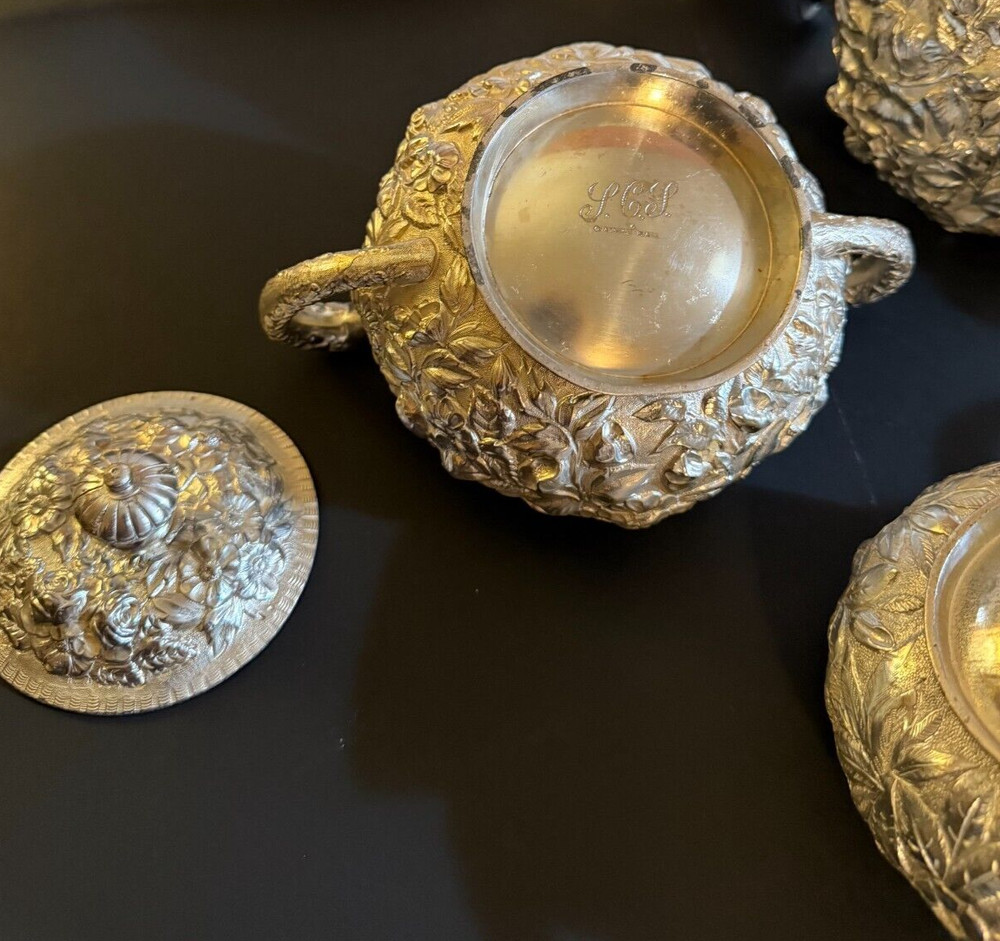 Rare American Quadruple Plate Repousse Five Piece Tea Set