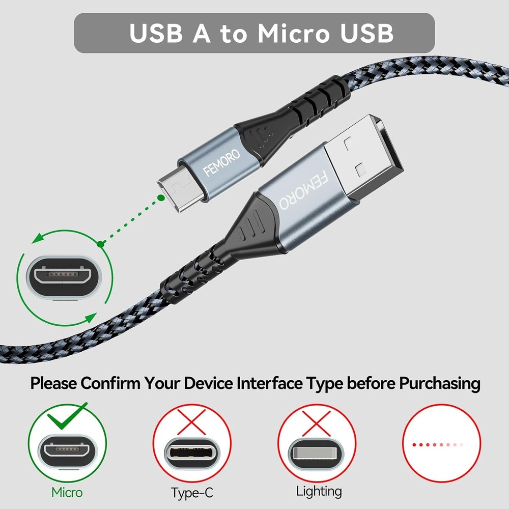 FEMORO Micro USB Cable 6ft 480Mbps Data Transfer & 12W Charging, A to...