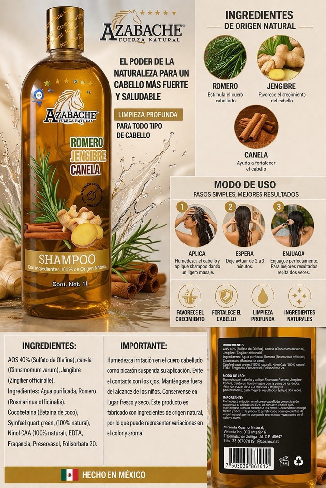 AZABACHE Shampoo, Cinnamon, Ginger, Rosemary 1L