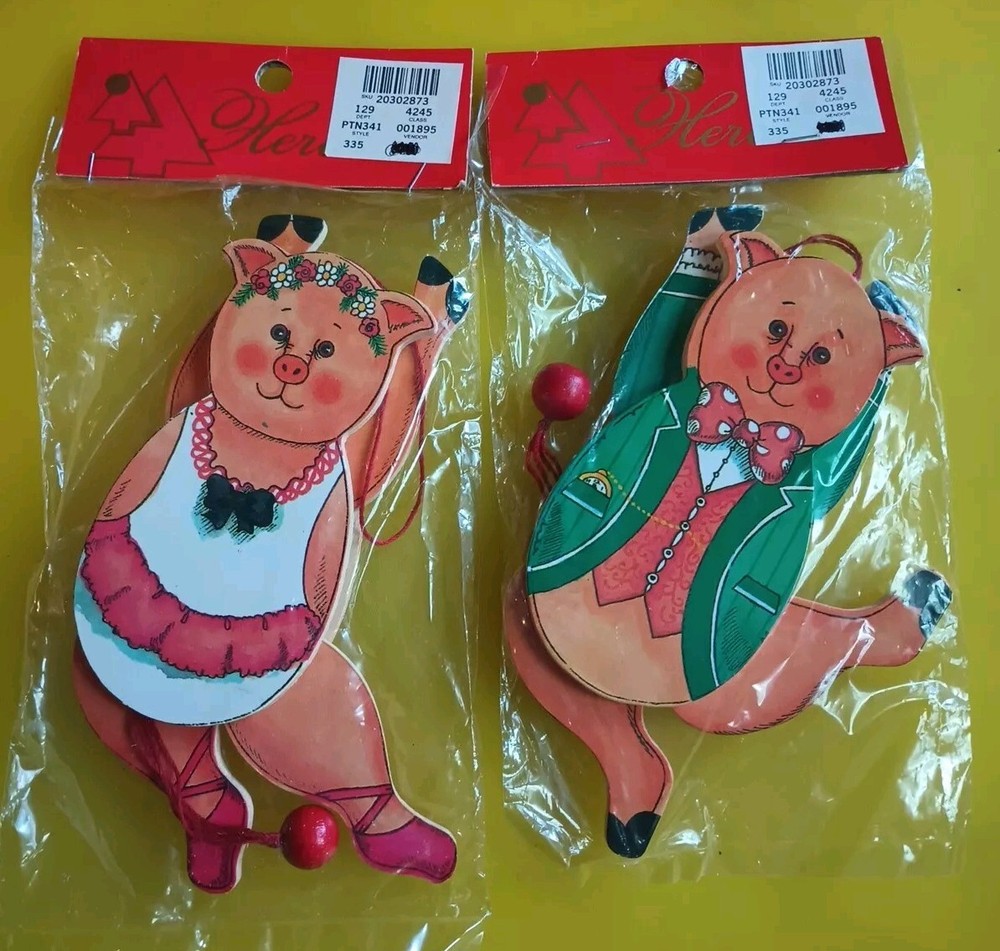 Vintage New Old Stock Pull String Dancing Pigs 6 in.