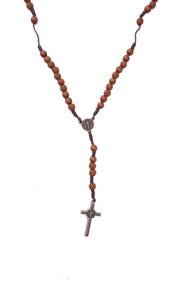 Rosebud Wood Bead Saint Benedict San Benito Centerpiece Standard 5 Decade Rosary