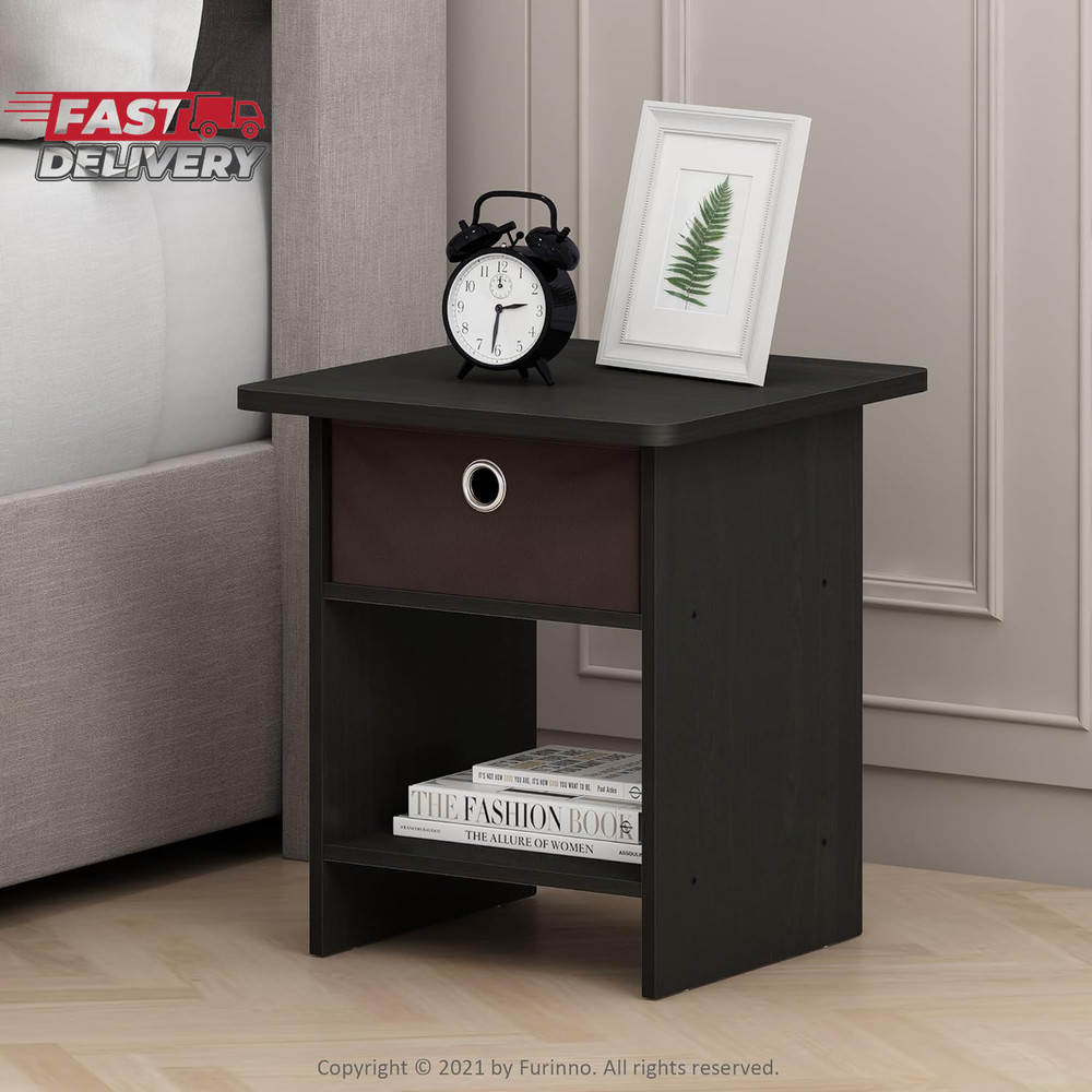 Furinno DARIO Side Table, Square End Table with Storage Bin, round Corner Night