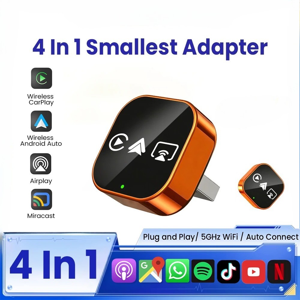 Carplay Adapter 4in1, Wireless Android Auto Mirror Link Smart Mini AI USB Box