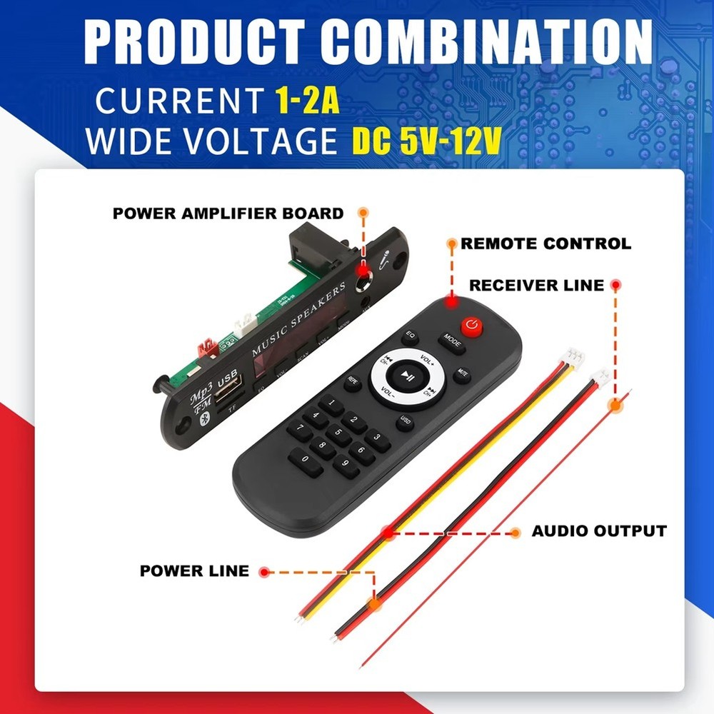 12V MP3 Decoder Board Bluetooth 5.0 Wireless Car Audio Microphone USB TF-R6434