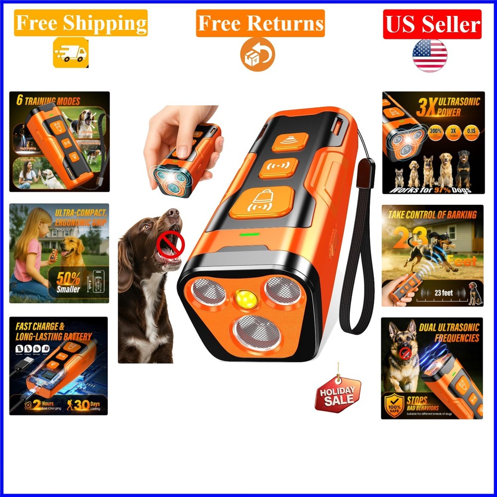 Portable Orange Ultrasonic Dog Bark Deterrent, 3X Coverage, 6 Modes, 23FT Range
