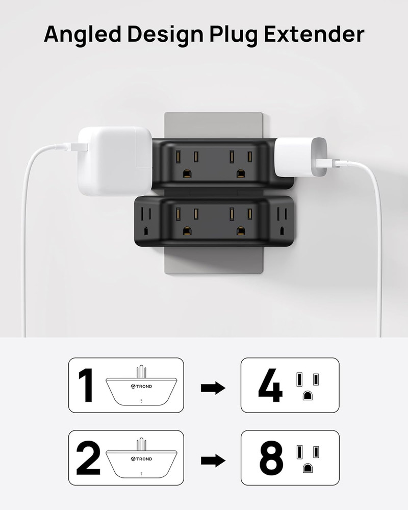 Outlet Extender Surge Protector 2 Pack - Multi Plug Wall Outlet with 4 Grounded