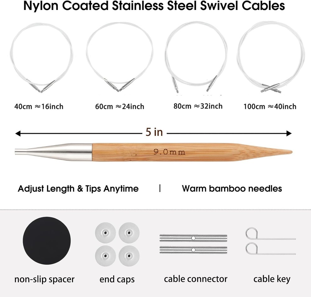 Bamboo Knitting Needles Set, 5-Inch Interchangeable Circular Knitting Needles...