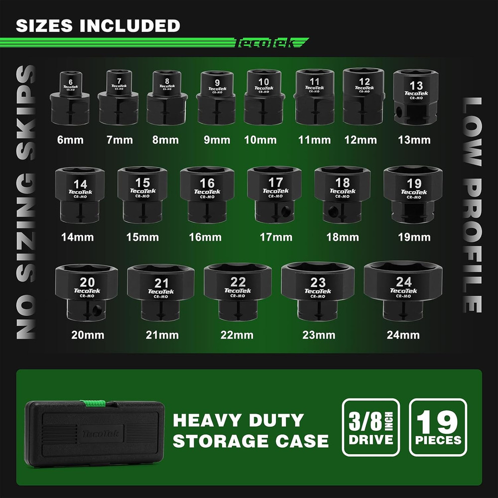 19-Piece 3/8-Inch Drive Metric Low Profile Impact Socket Set, Stubby Socket Set,