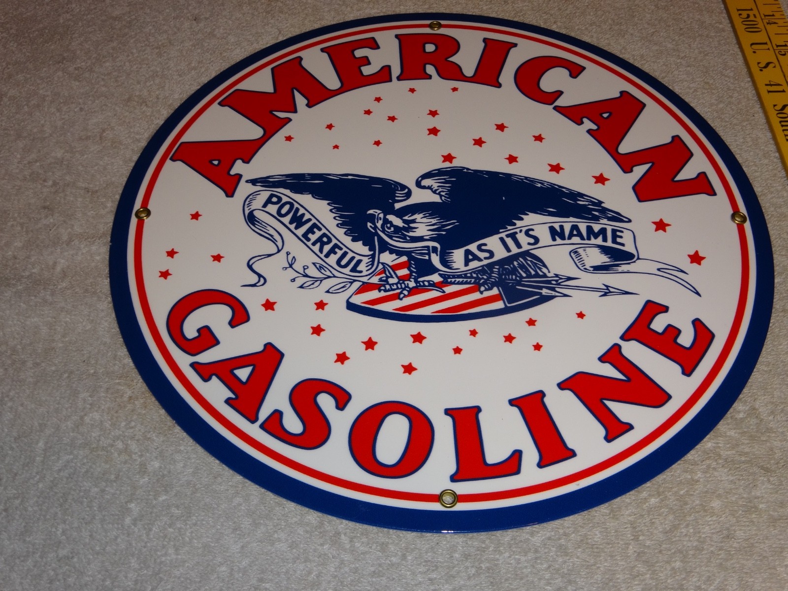 VINTAGE AMERICAN GASOLINE POWERFUL EAGLE 11 3/4" PORCELAIN METAL GAS & OIL SIGN