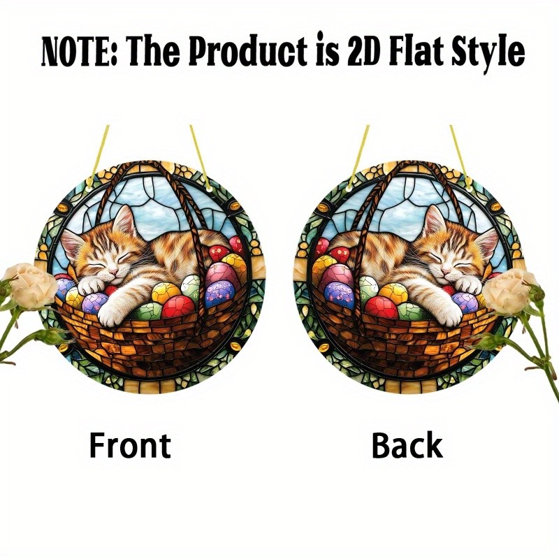 Round Sleeping Cat Acrylic Suncatcher Easter Egg Basket Vibrant Window Decor