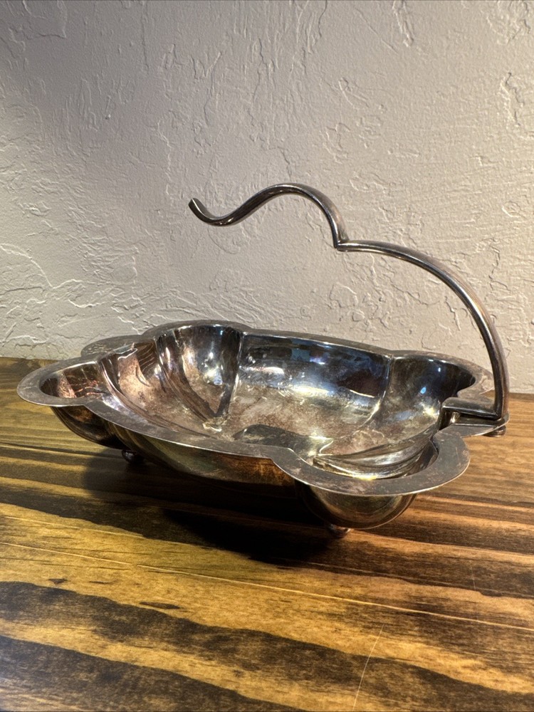 Vintage Silver Plate Candy Dish Scalloped Rectangular with Free Form Handle
