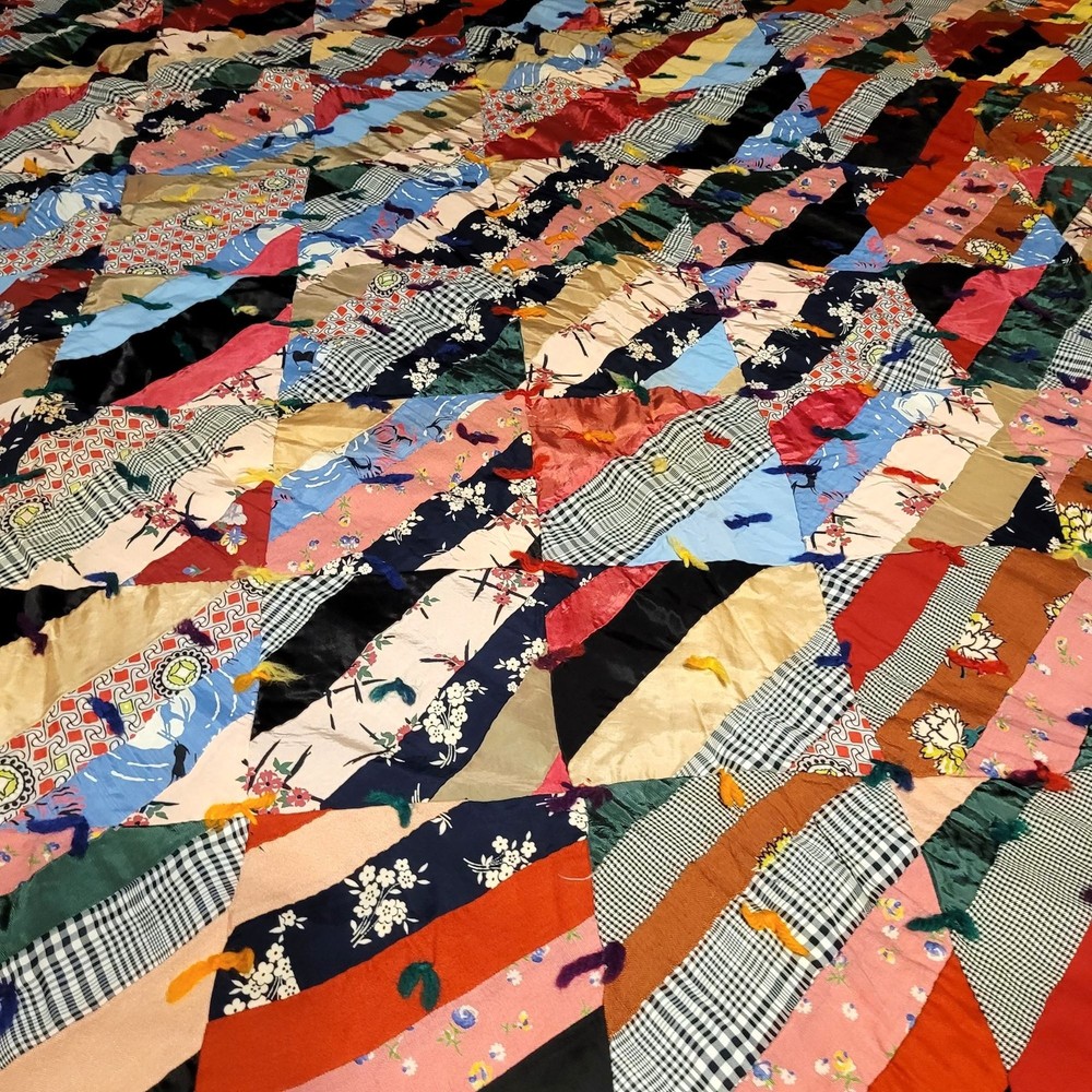 Crazy Quilt Silk Patchwork With Orange Backing Hand Stitched Patchwork Vintage