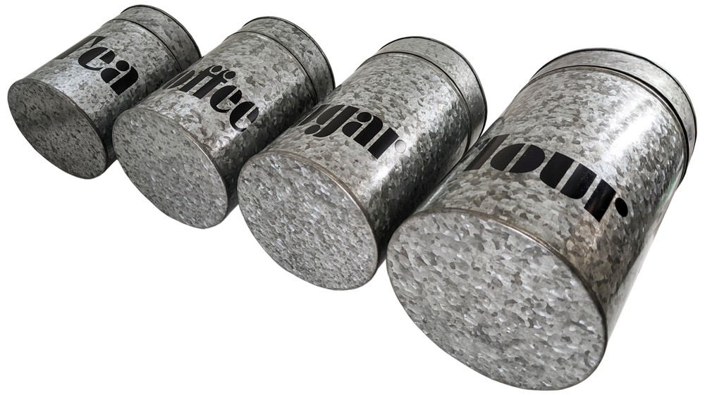 4 Set Galvanized Metal Kitchen Storage Canisters w\ Lids-Labeled w\ diff labels