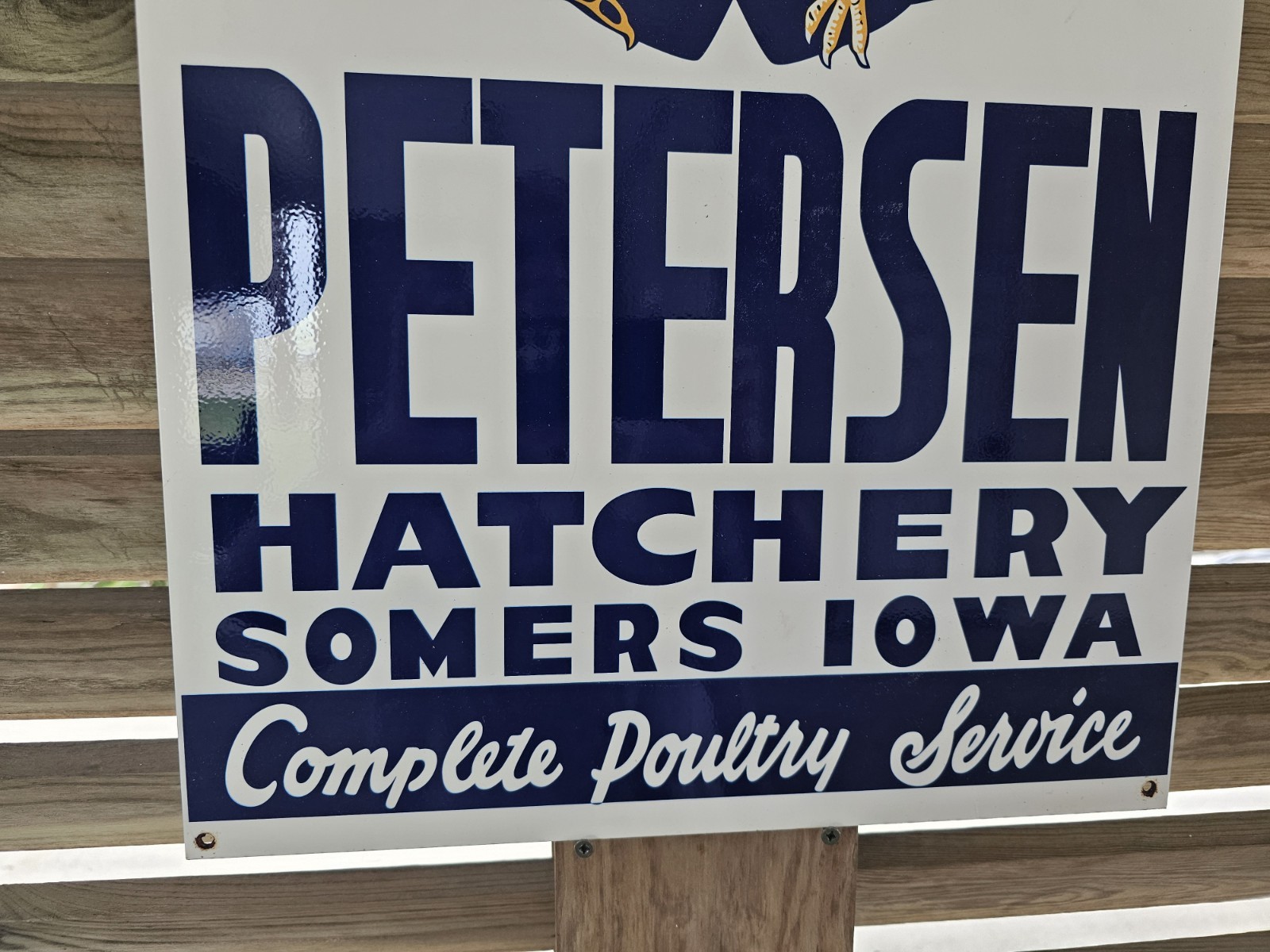 RARE VINTAGE PETERSEN HATCHERY, SOMERS IOWA 24"X 17" PORCELAIN SIGN SUPER NICE