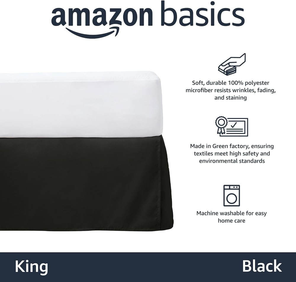Amazon Basics Lightweight Pleated Bed Skirt, King, Black, Solid Black