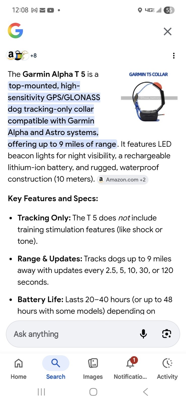 GARMIN ALPHA T5 GPS DOG TRACKING COLLAR WITH CHARGER. UNUSED NO BOX