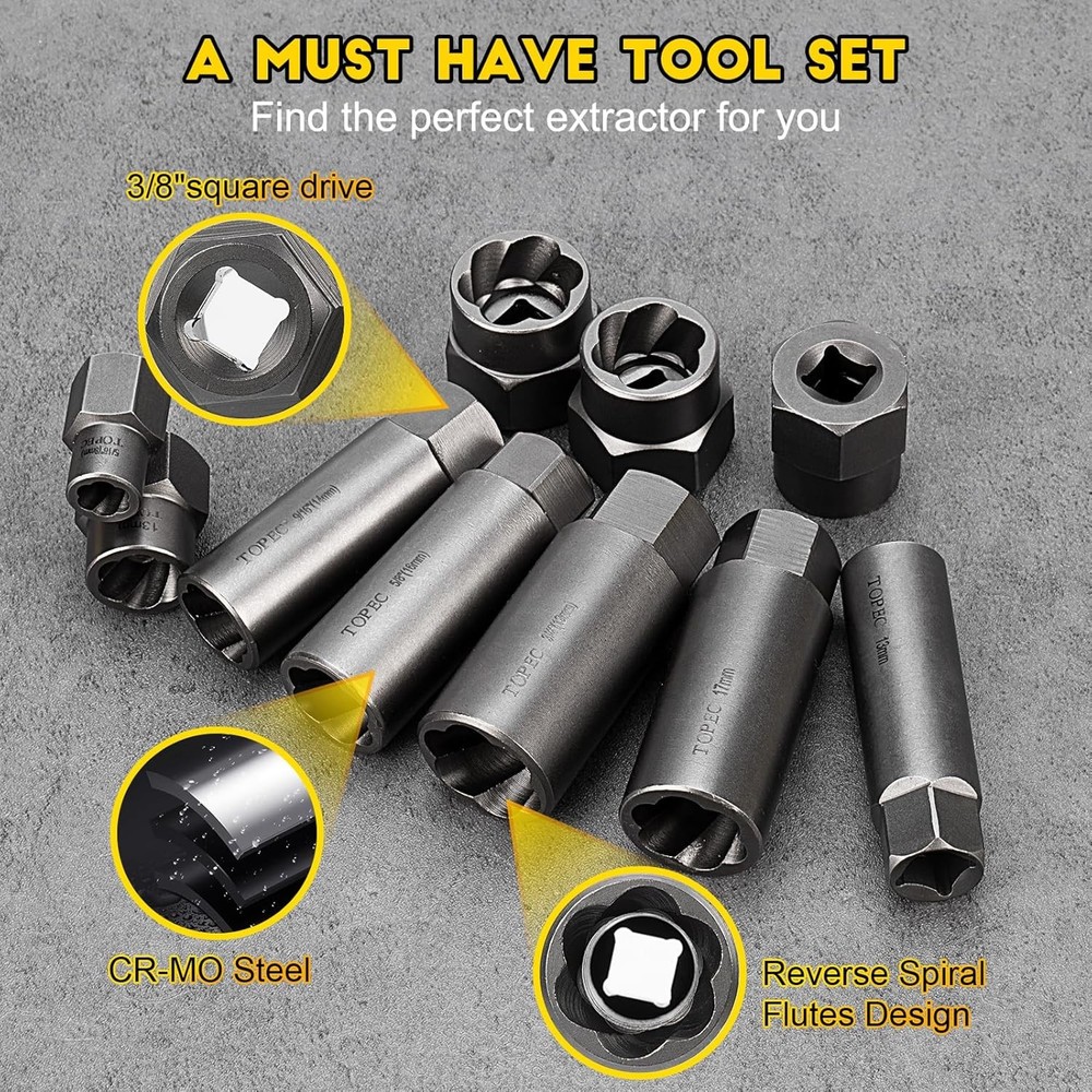Topec Deep Bolt Extractor Set 28PCS, 3/8" Drive Bolt Extractor Kit, Spark Plug E