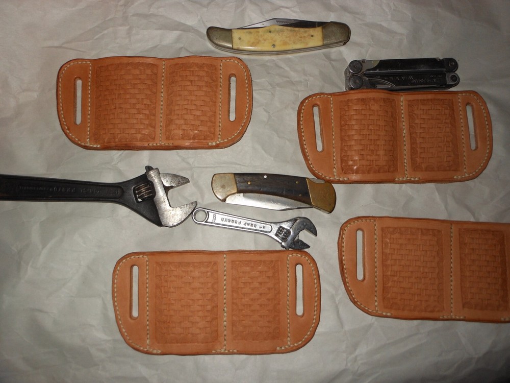 Double pancake knife sheath, no angle, open bottom, fits many things, hand made