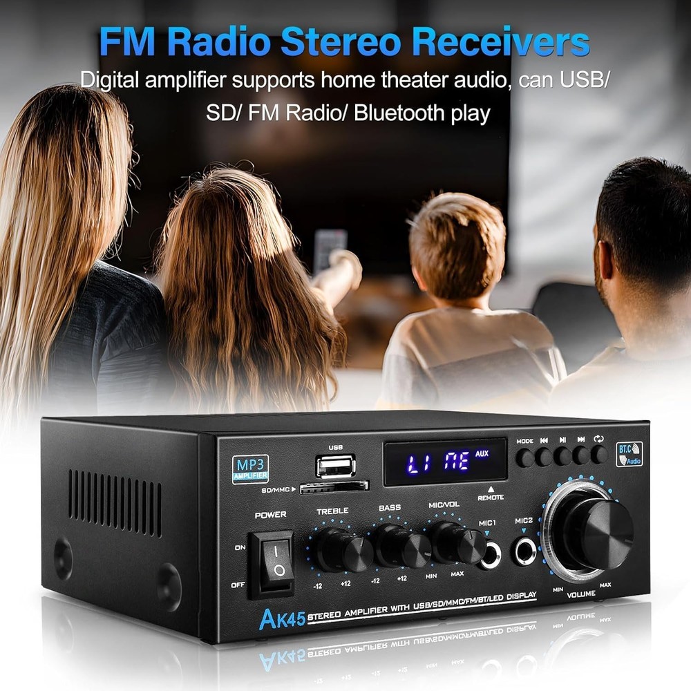 Stereo Receiver AK45: Bluetooth 5.0 300Wx2 Max Power Home Audio Amplifier
