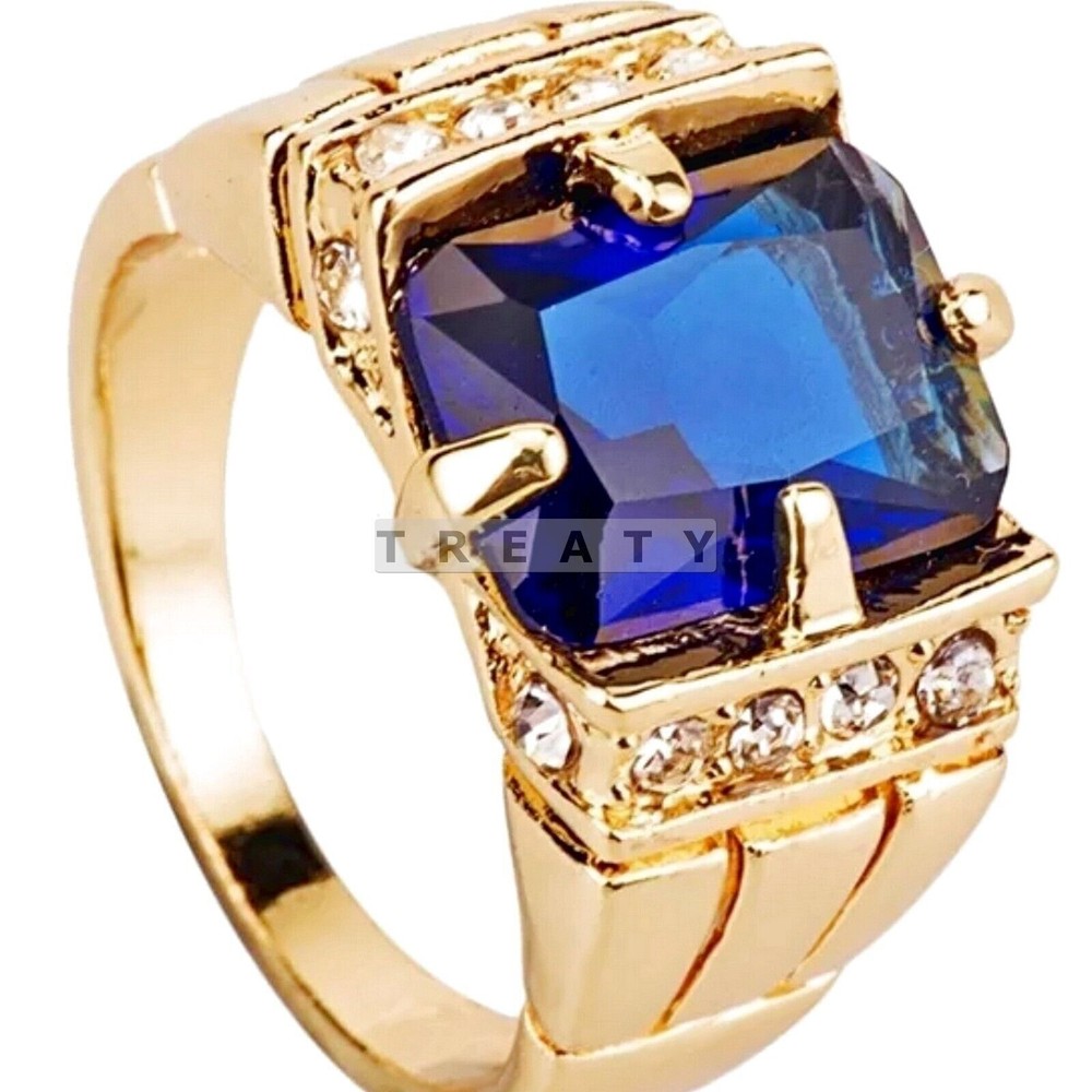 Blue Sapphire Emerald Cut With 14K Solid Yellow Gold Ring For Men #23