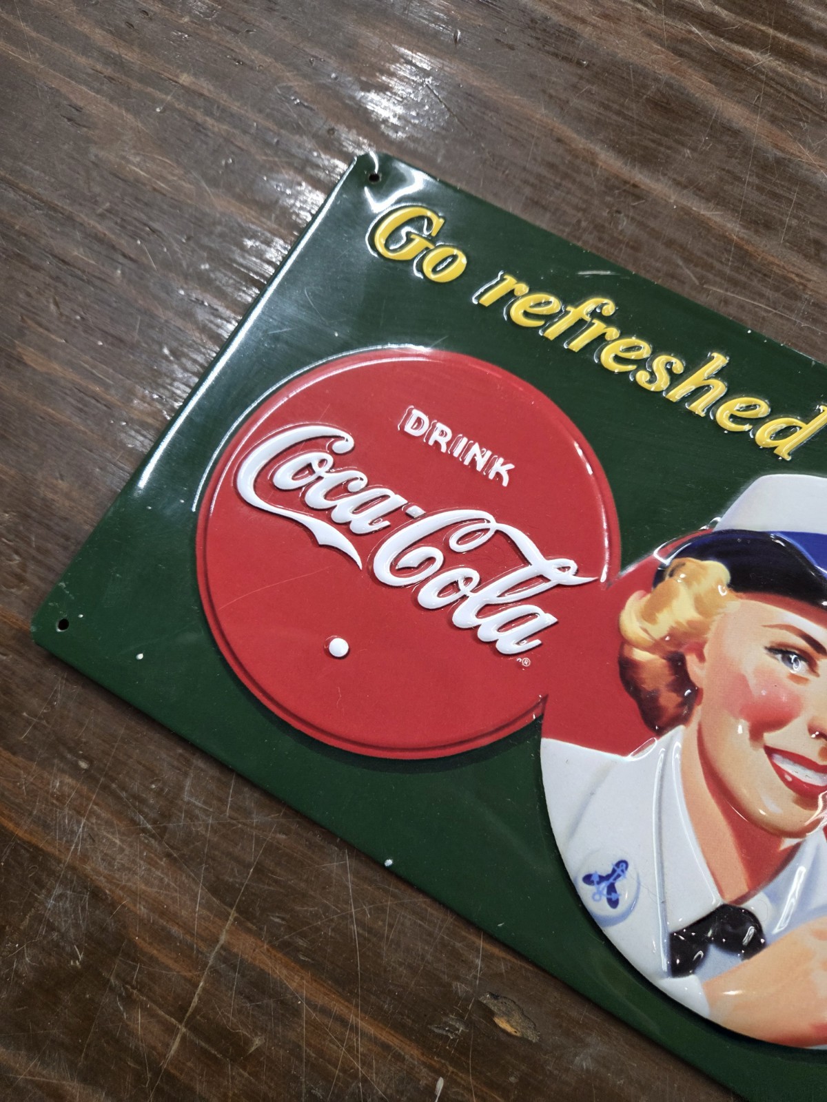 Coca-Cola Military Beauties Andy Rooney 3D Embossed Tin Sign Dark Green EUC