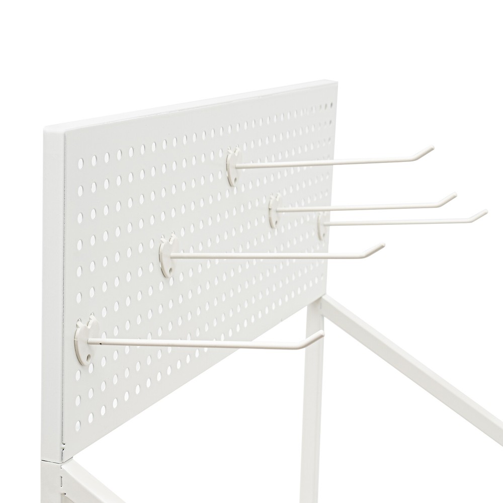 4-Tier White Metal Display Rack with Hooks for Snacks and Essentials