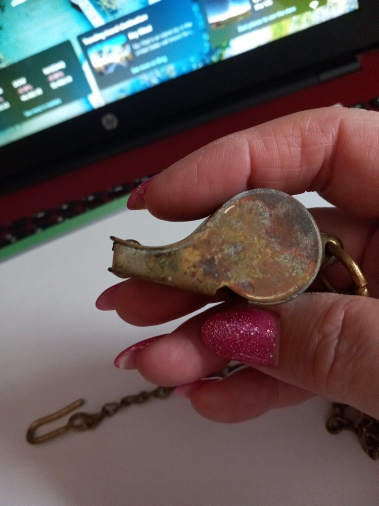 Antique Vintage Solid Brass Whistle USA w/Chain