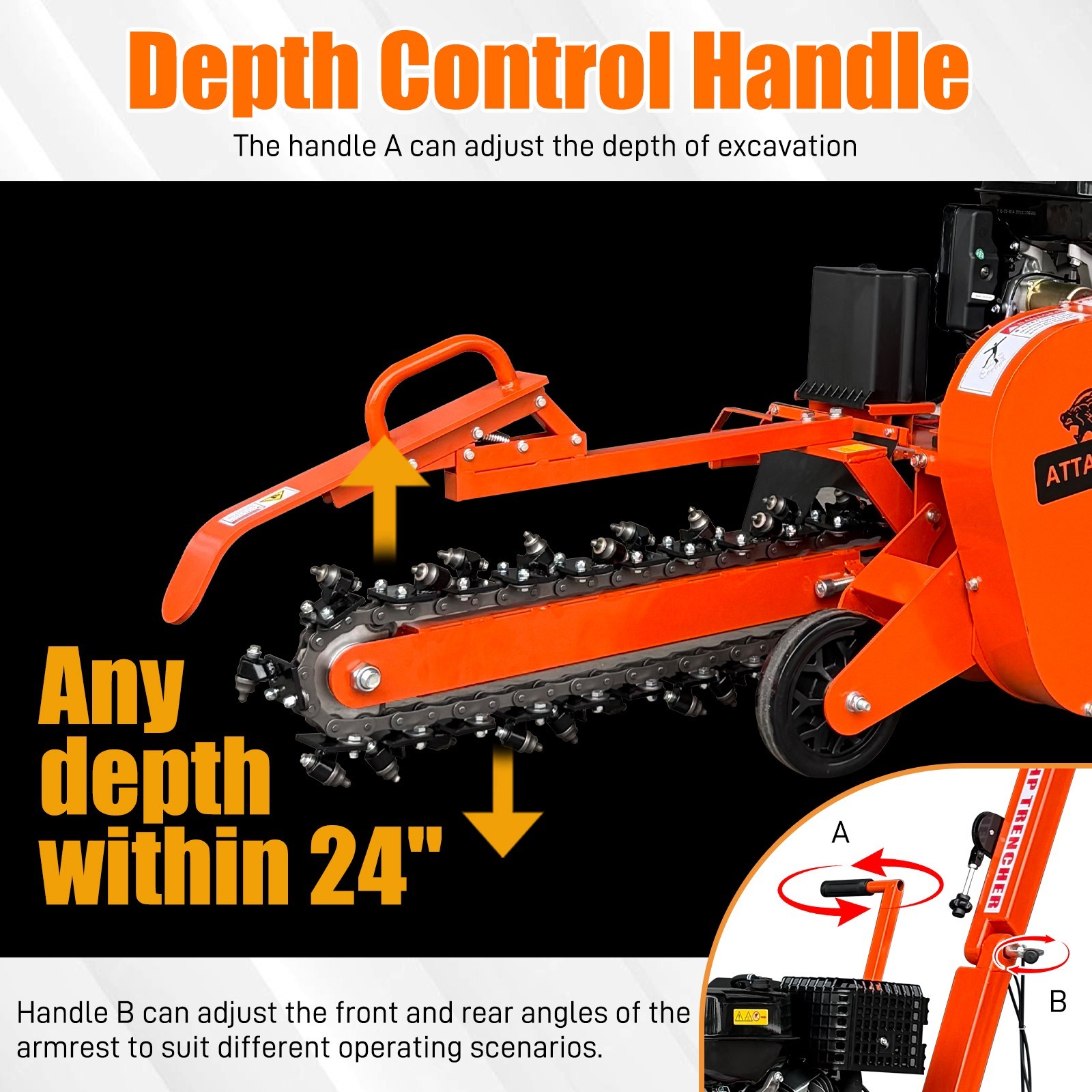420cc 15HP E-Start Gas Powered Trencher, 24'' Trench Depth/4'' Trench Width