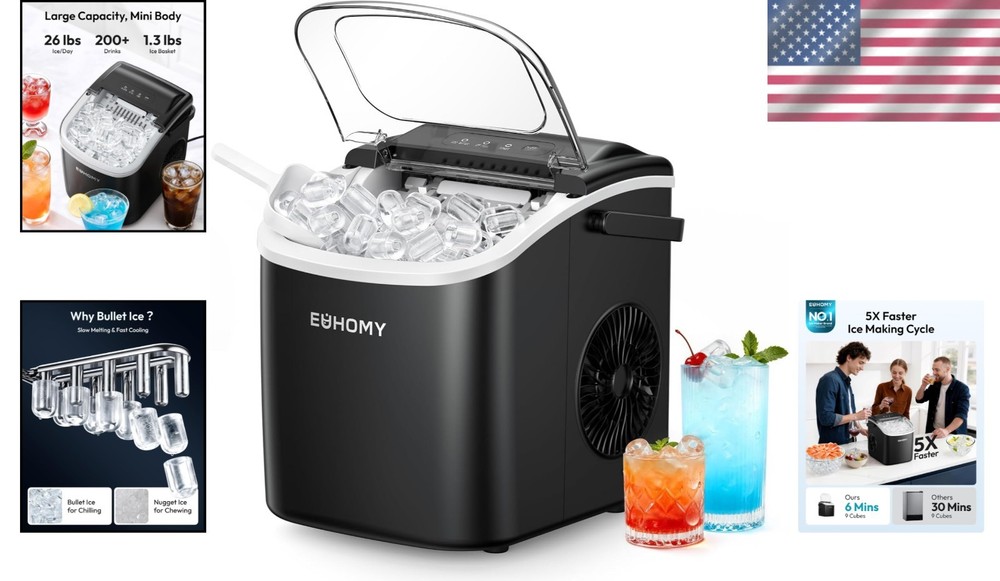 Compact Ice Maker with Handle, 6 Min Quick Ice, Auto-Clean