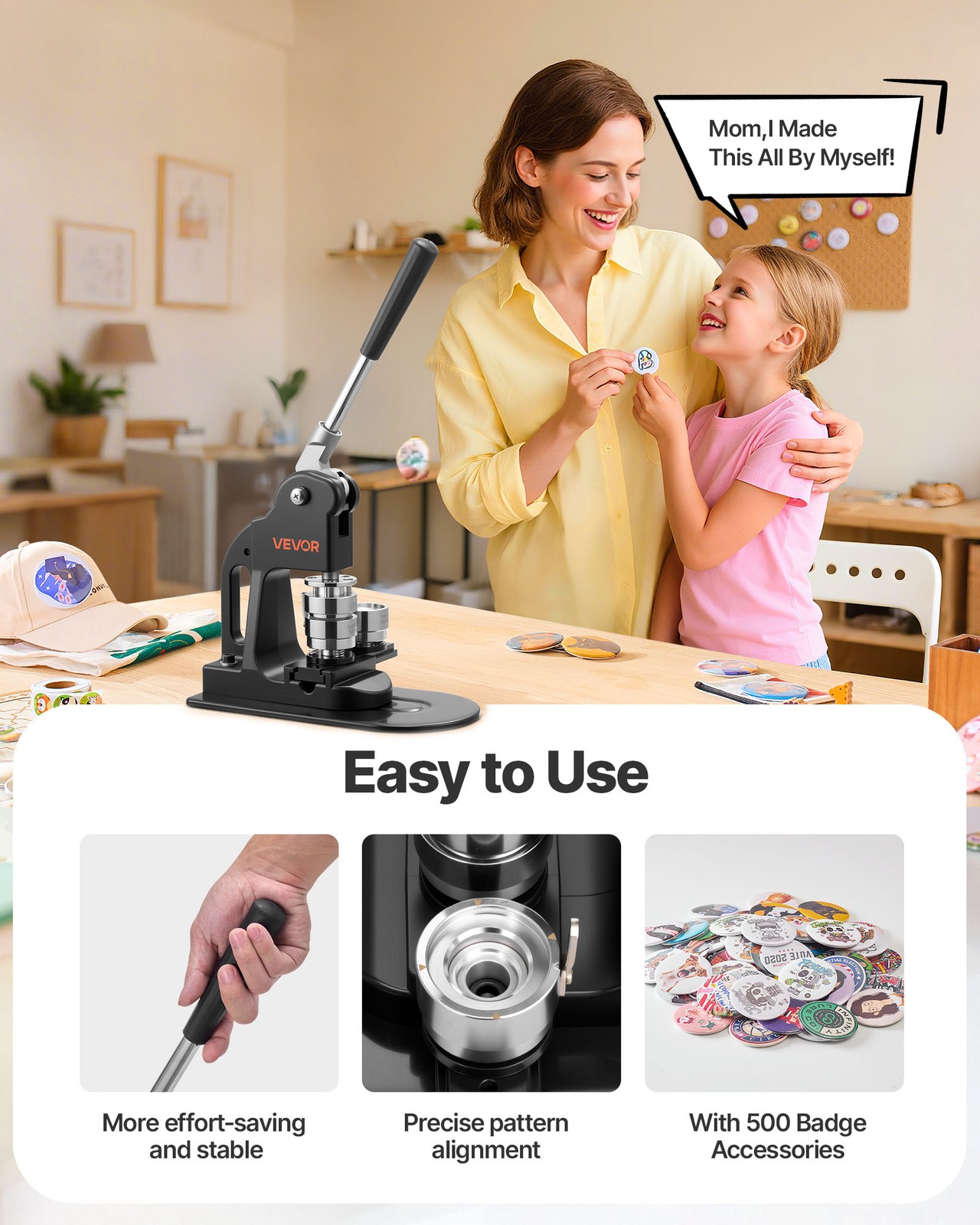 VEVOR Button Maker Machine Pin Maker Machine 1.25 in 500pcs Button Parts Black