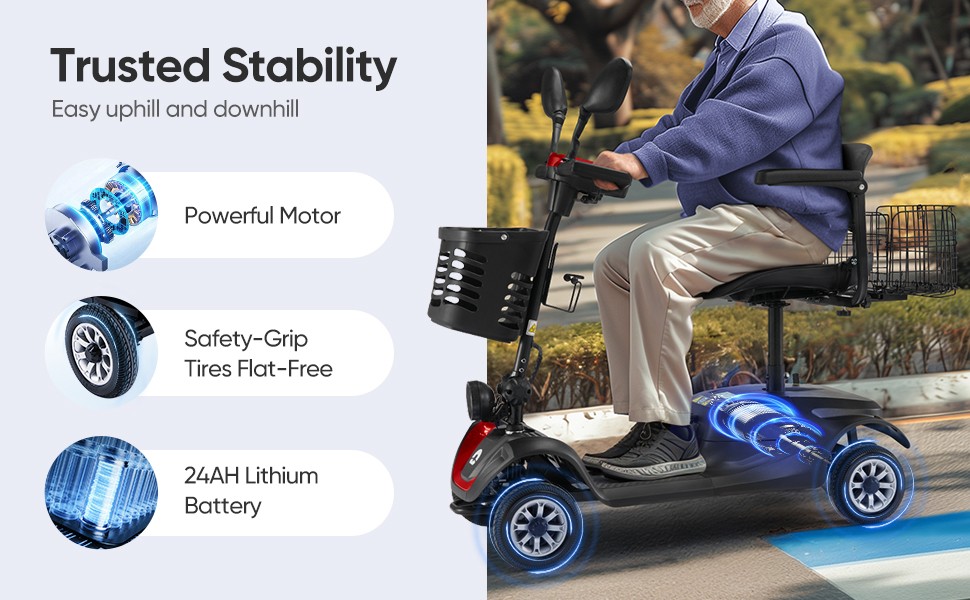 Pro 4 Wheels Mobility Scooter Long Range All Terrain LED Headlights Two Baskets