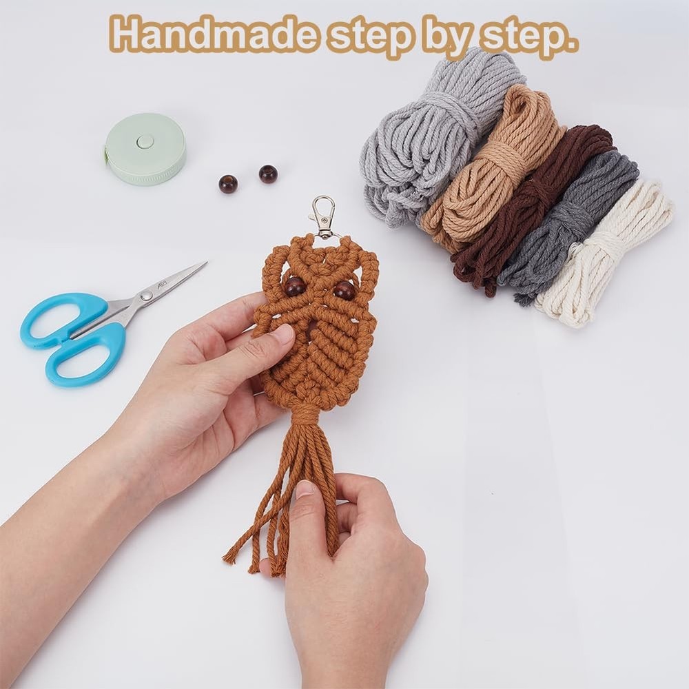 ACRNIGHEET 6PCS Owl Macrame Keychain Kit for Adults Beginners Boho Beige