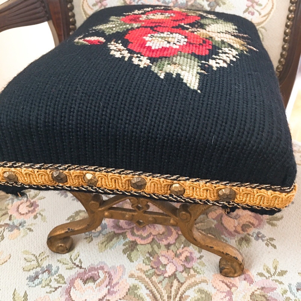 Antique Needlepoint Rectangular Foot Stool w/ Metal Feet