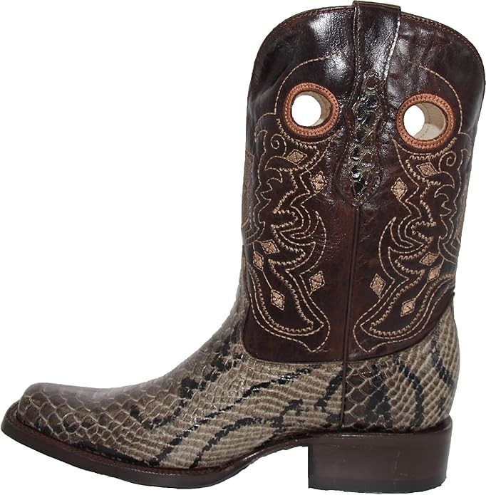 Genuine Leather Exotic Python Print Square Toe Cowboy Western Boots - Olive