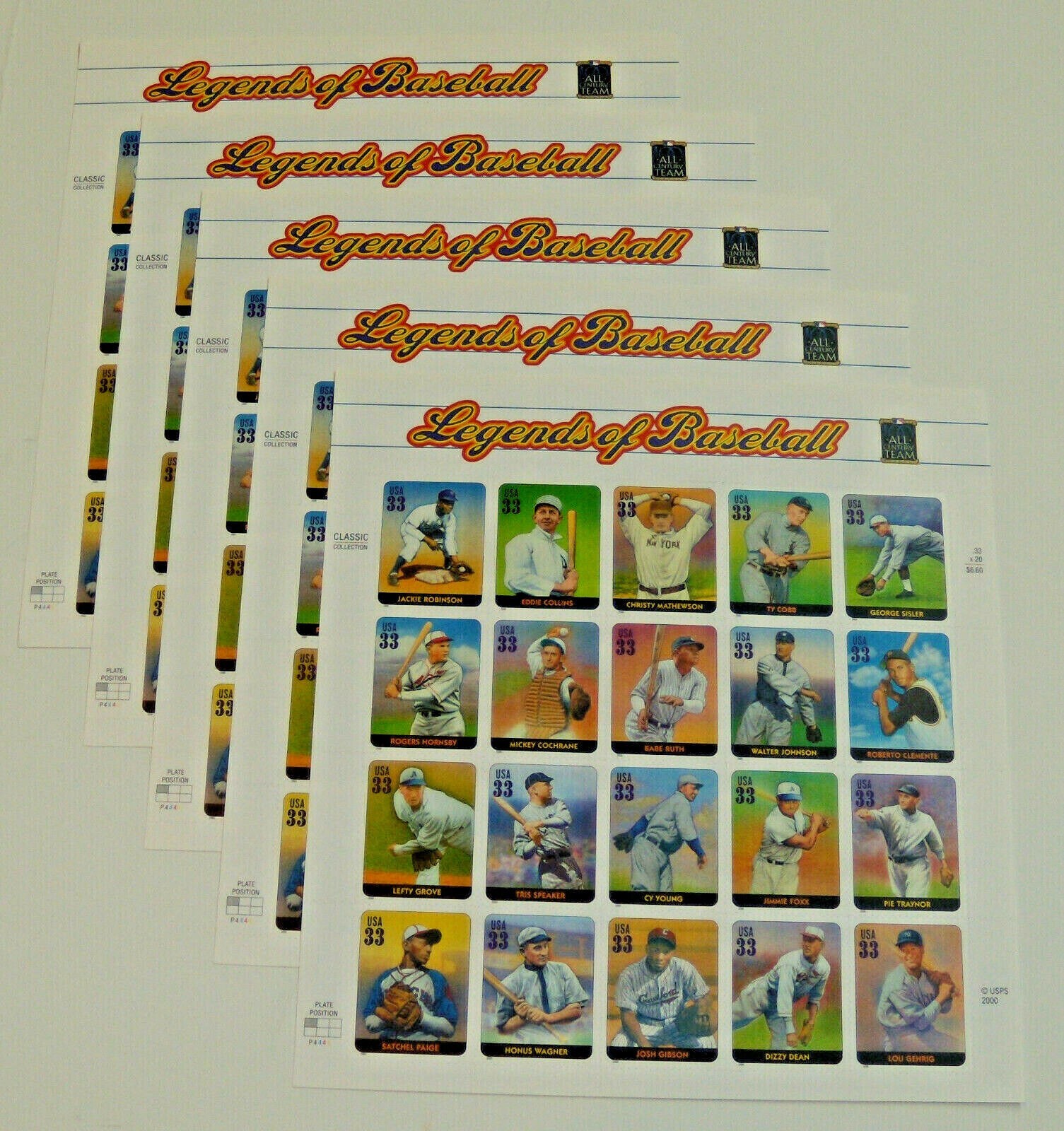 Four Sheets x 20 = 80 of LEGENDS OF BASEBALL 33¢ US Postage Stamps USA Sc # 3408