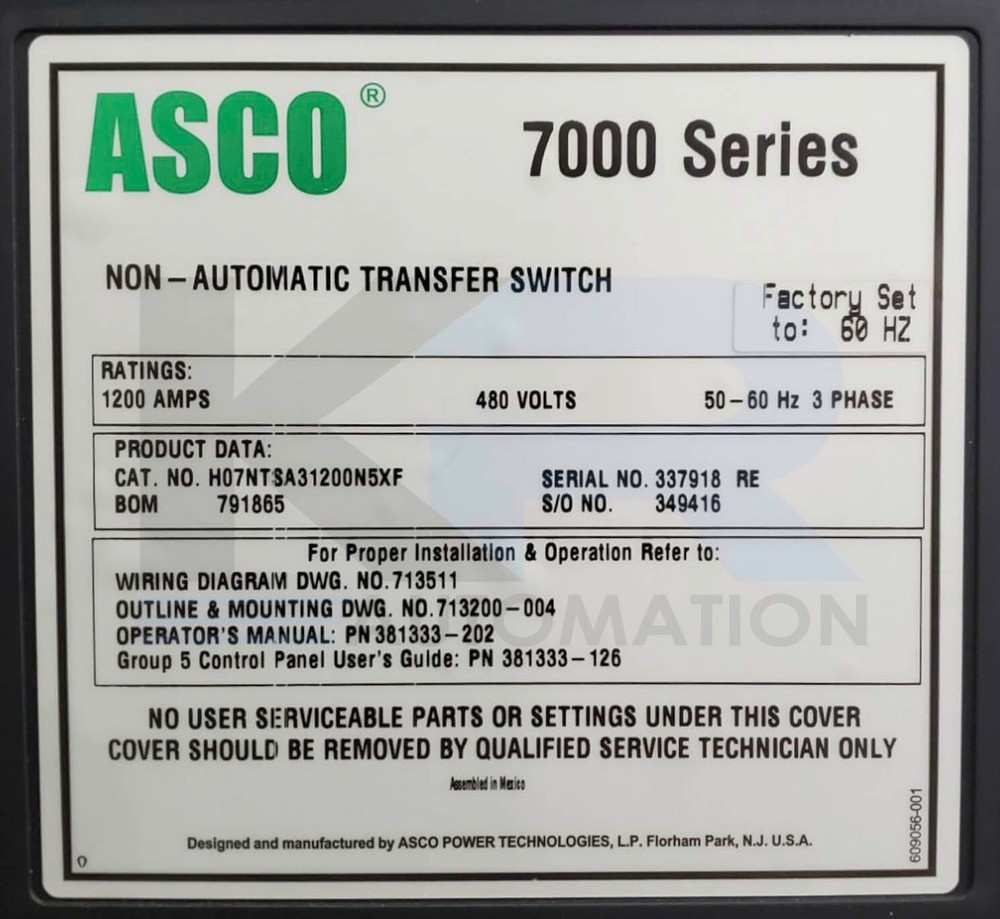 Asco 7000 Series Non-Automatic Transfer Switch 480V 3Ph 1200A Type 3R