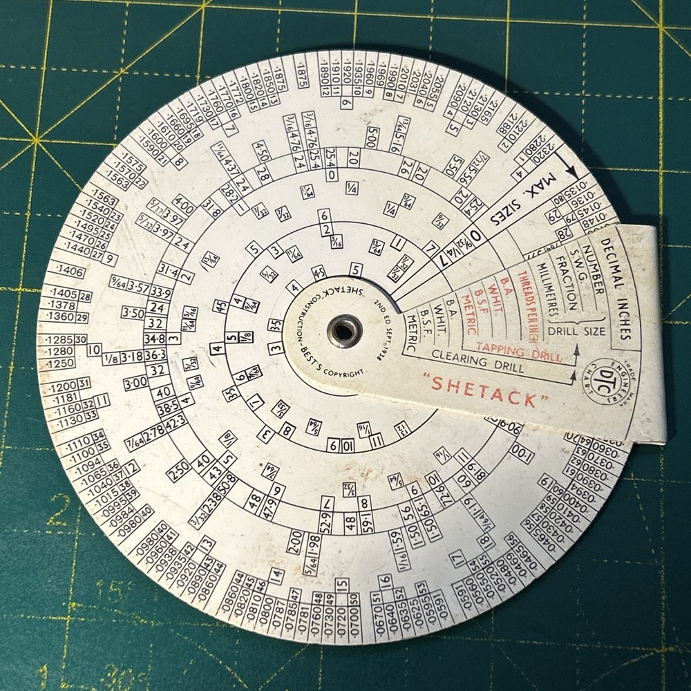 Vintage BEST'S SHETACK Engineers DTC Chart 2nd Edition 1938 Drill & Tap Gauge