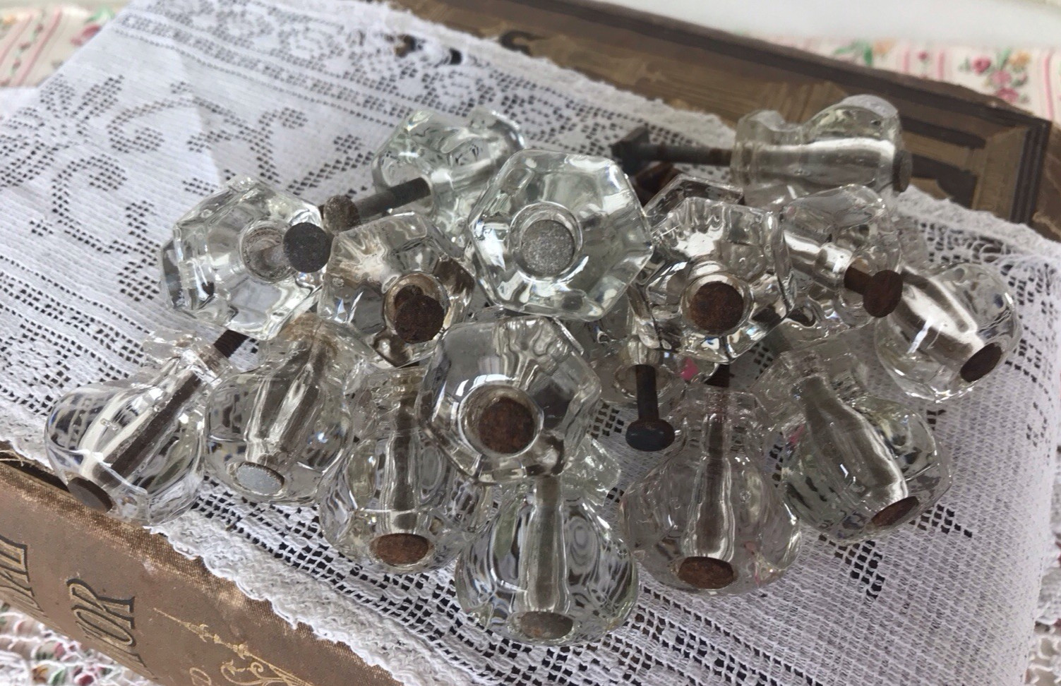 Lot Vintage Solid Clear Glass Drawer Pulls Knobs 6-sided Upcycle Recycle