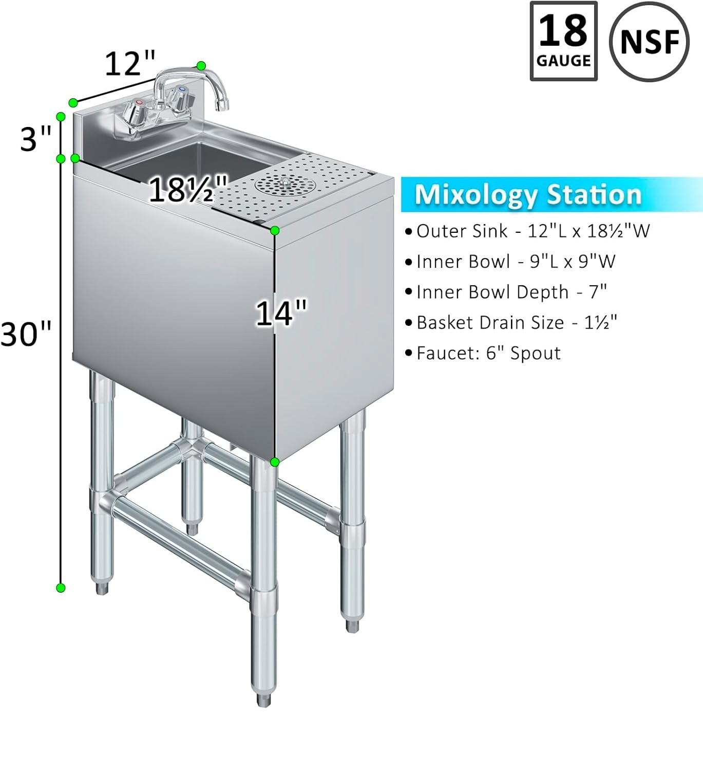 Underbar Mixology Station – Stainless Steel Bar Sink with Glass Rinser 18" x 12"