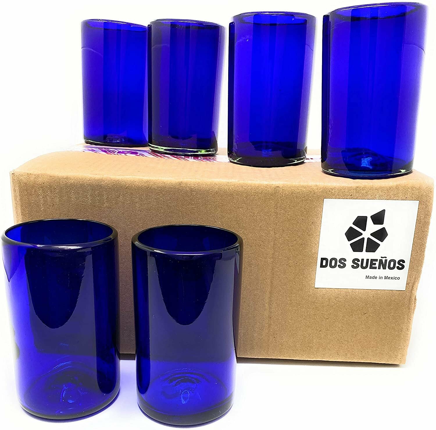 Hand Blown Mexican Drinking Glasses – Set of 6 Cobalt Water Glasses (14 oz each)