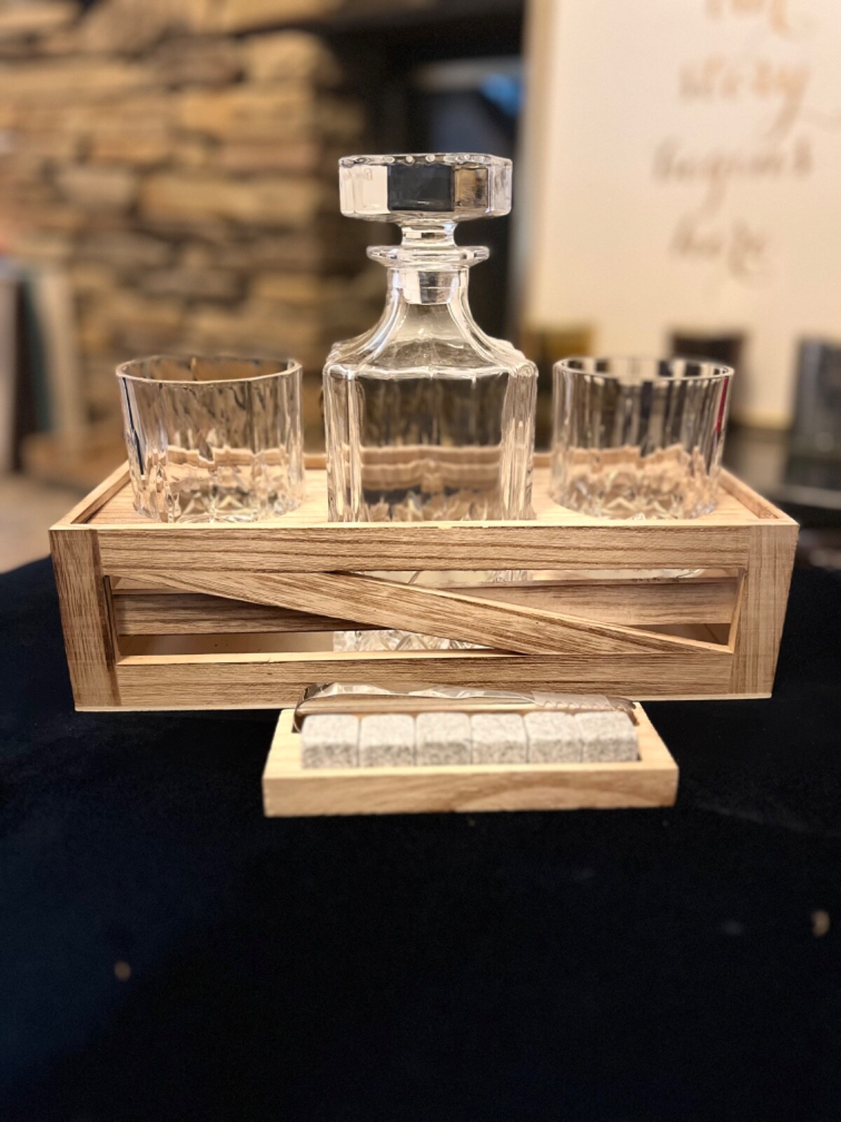 Whiskey Gift Set: Decanter, Wood Stand, Granite Chilling Stones & Two Glasses