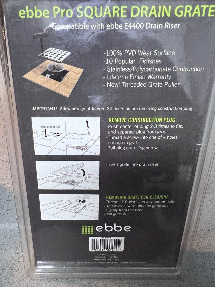 Ebbe E4400 Drain Riser with Plug + Ebbe Pro E4404 Square Drain Cover Brushed Nic