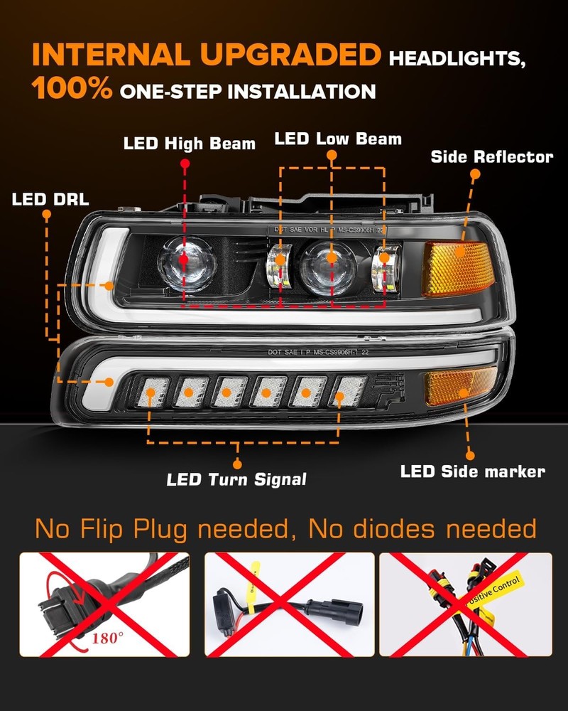 LED Headlights Assembly Headlamps Replacement Compatible with 1999-2002 Chevy Si
