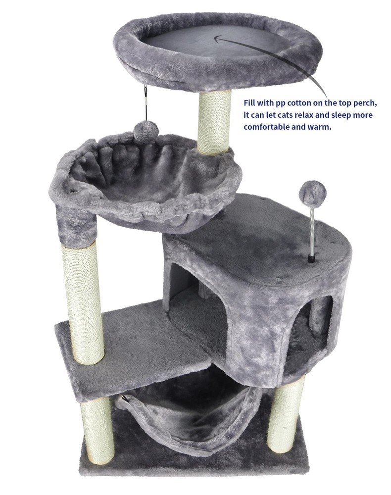Cat Tree with Cat Condo and Big Hammock, Grey