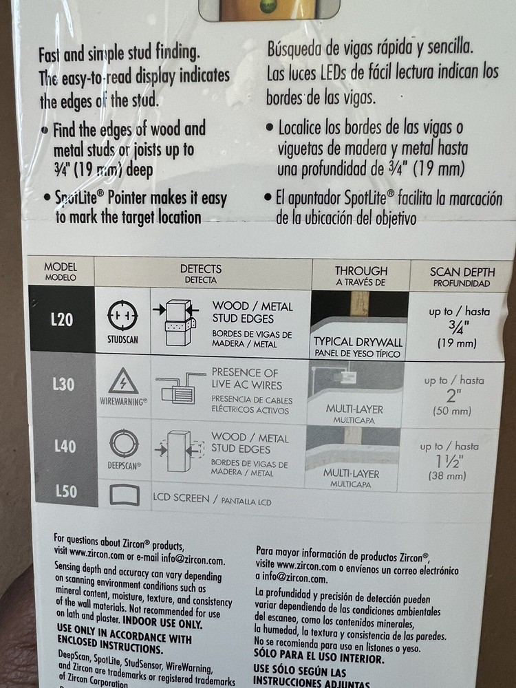 Zircon Studsensor L20 Electronic Stud Finder With Spotlite Pointer