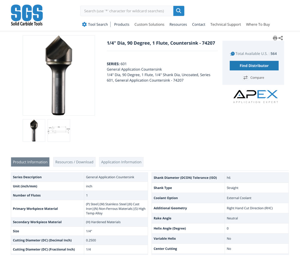 SGS 1/4" 90 DEGREE SINGLE FLUTE SOLID CARBIDE COUNTERSINK 74207