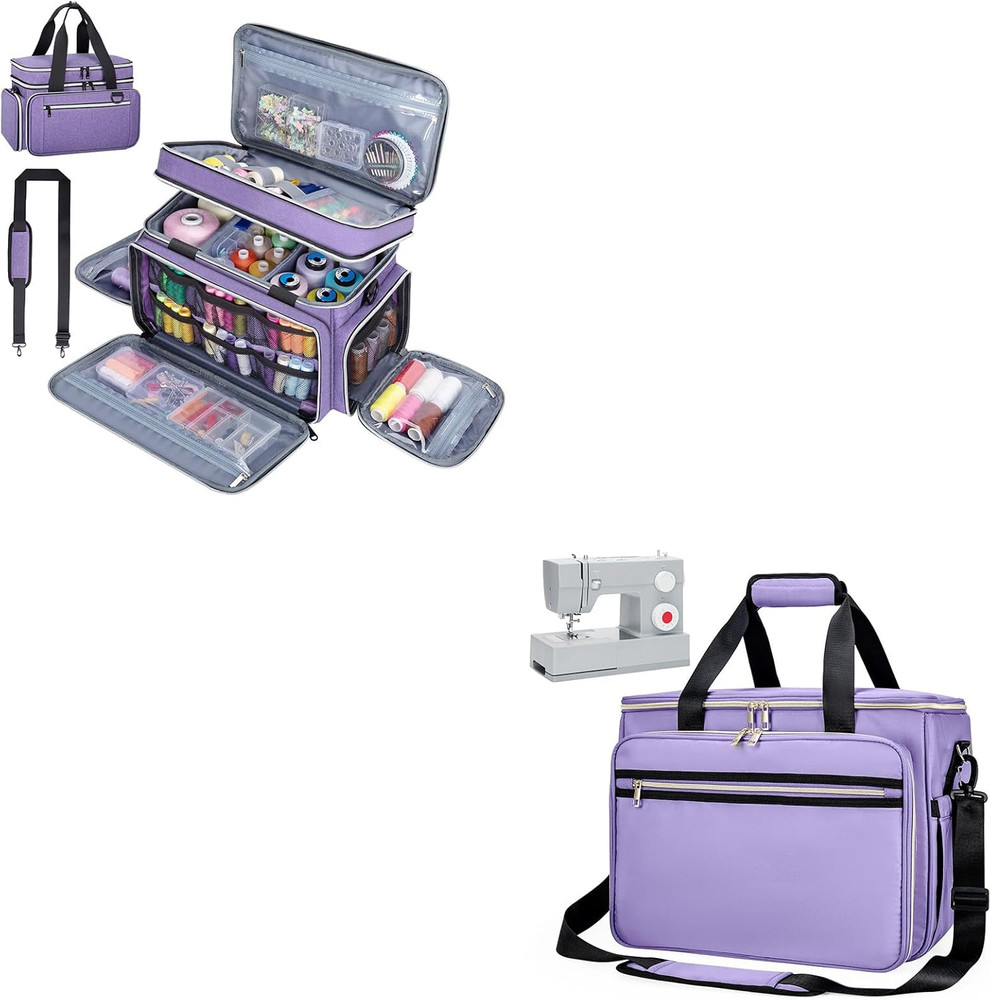 Purple Sewing Machine Case & Double Layer Organizer with Strap & Handle