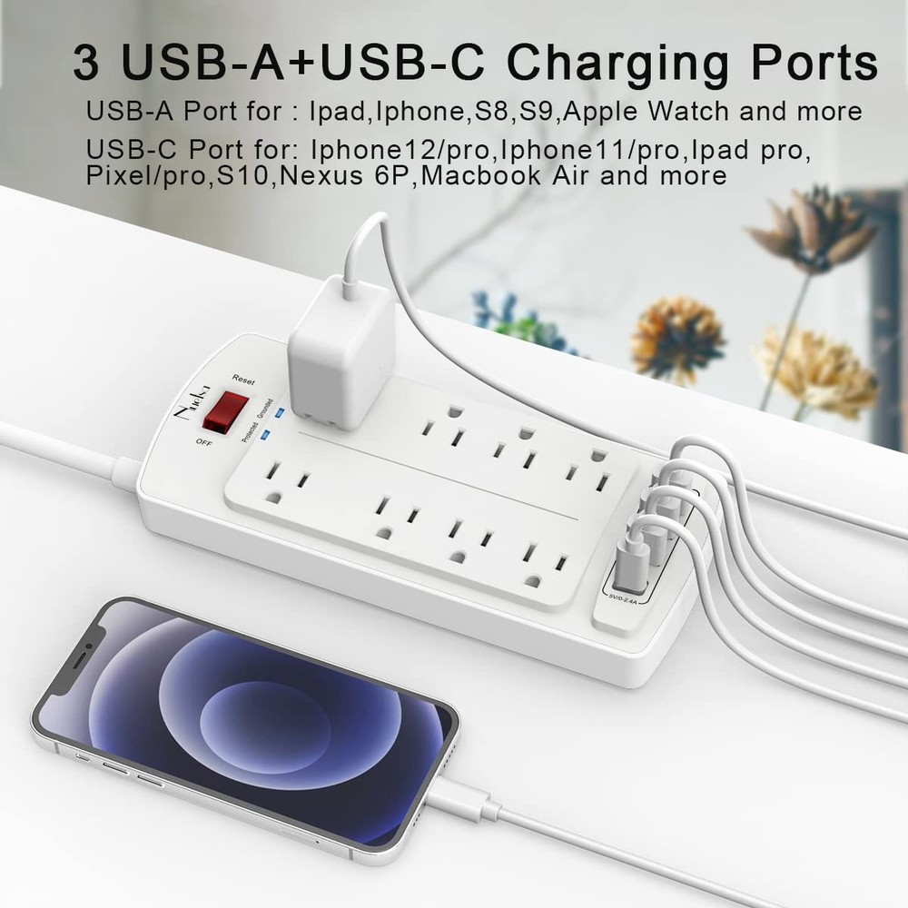 Surge Protector Power Strip - Nuetsa Flat Plug Extension Cord 10 Ft, White