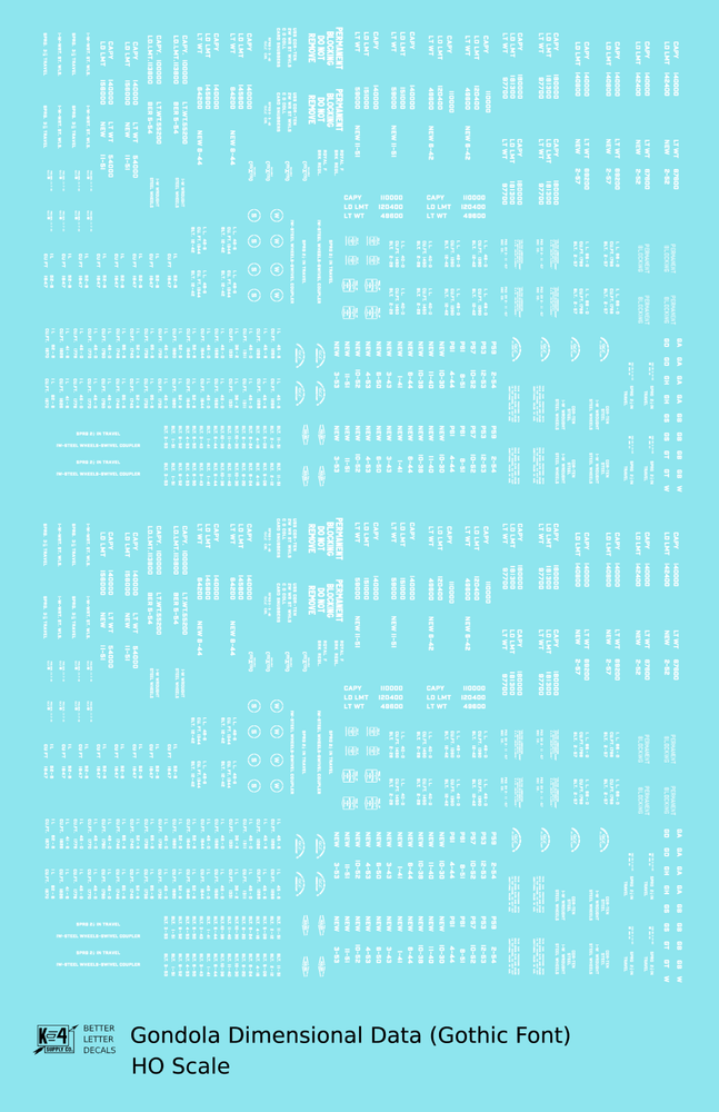 K4 HO Scale Decals White Gondola Dimensional Data Set Gothic Font